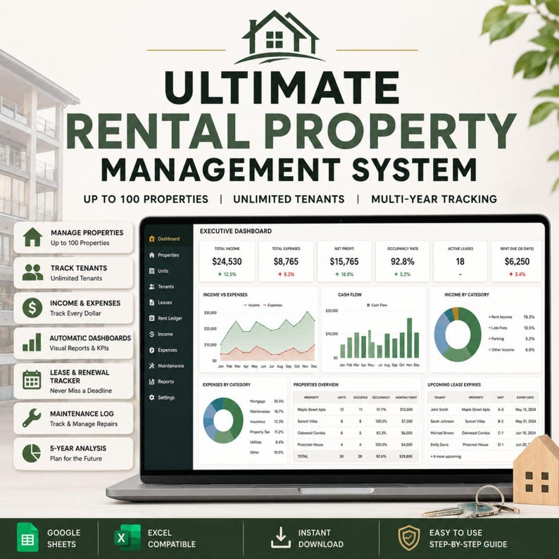 Op de afbeelding: Een digitaal beheersysteem voor huurwoningen op een laptopscherm, met een dashboard met financi&euml;le grafieken, vastgoedoverzichten en huurcontractvolging, inclusief tekstlabels voor het beheren van eigendommen, huurders en uitgaven.