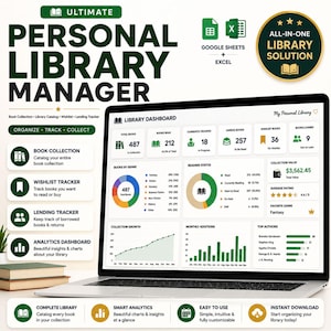 May include: A digital personal library manager software interface displayed on a laptop screen. The dashboard features data visualisations, including a donut chart for book genres, a line graph for collection growth, and bar charts for monthly additions.