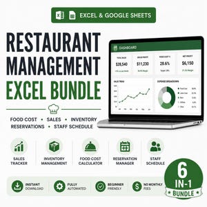 Peut inclure: Un ensemble de gestion de restaurant numérique pour Excel et Google Sheets avec un ordinateur portable affichant un tableau de bord vert avec des données de ventes, de profit et de coûts. Inclut des outils pour les coûts, ventes et stocks.