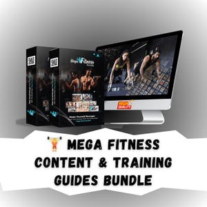 Könnte beinhalten: Ein Fitness-Bundle mit dem Text "Mega Fitness Content & Training Guides Bundle". Das Bild zeigt einen Computermonitor mit Trainingsvideos und zwei schwarzen Boxen mit Fitness-Grafiken.