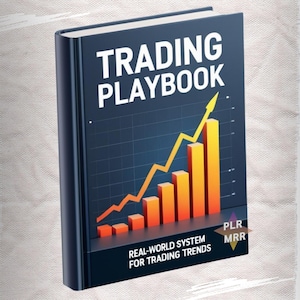 Könnte beinhalten: Ein dunkelblaues Hardcover-Buch mit dem Titel "TRADING PLAYBOOK". Das Cover zeigt eine Grafik mit orangefarbenen Balken und einer gelben Linie, die das Wachstum anzeigt. Der Text "REAL-WORLD SYSTEM FOR TRADING TRENDS" steht unten.