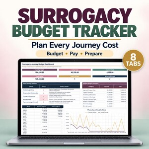 Könnte beinhalten: Ein Laptop-Bildschirm zeigt ein Budget-Tracking-Dashboard für Leihmutterschaft mit 8 Reitern. Die Oberfläche enthält eine Finanzierungsübersicht, zu prüfende Punkte, eine Budgetkategorienzusammenfassung und ein Liniendiagramm.