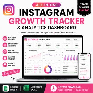 May include: An all-in-one Instagram growth tracker and analytics dashboard displayed on a laptop and smartphone screen. The interface features data visualizations, including line graphs, bar charts, and a pie chart, alongside text labels for follower growth, engagement analytics, and content performance metrics.