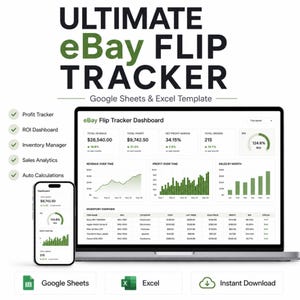 May include: A digital template titled ULTIMATE eBay FLIP TRACKER for Google Sheets and Excel. The display shows a dashboard with data visualisations, including revenue, profit, ROI, and inventory tables on a laptop and a smartphone screen.