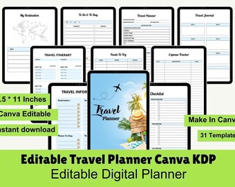 Editable Travel Planner Canva Template: 8.5x11" KDP Journal (PDF Download)