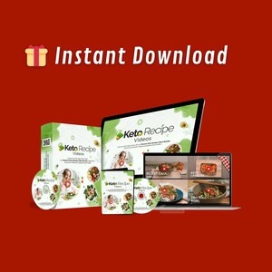 May include: A digital product advertisement with the text "Instant Download" and "Keto Recipe Videos." The image features a laptop, tablet, and various physical media, including a box, a disc, and a booklet, all displaying the product's branding and sample recipes.