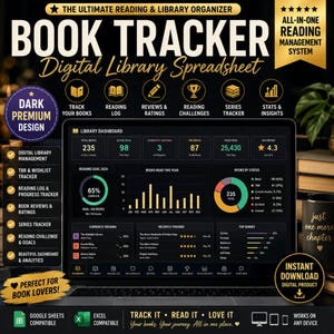 May include: A digital book tracker spreadsheet displayed on a laptop screen, featuring a dark dashboard with charts, reading statistics, and progress bars. The interface includes sections for total books, reading goals, and genre breakdowns in gold and white text.