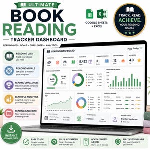 May include: A digital book reading tracker dashboard displayed on a laptop screen, featuring charts, progress bars, and reading statistics. The interface includes sections for reading logs, goals, challenges, and analytics, compatible with Google Sheets and Excel.