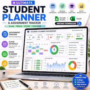 Peut inclure: Un tableau de bord numérique de planification étudiante et de suivi des devoirs affiché sur un écran d'ordinateur portable, avec des graphiques, des emplois du temps et des aperçus de cours. L'interface inclut des sections pour le suivi.