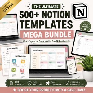 Puede incluir: Anuncio de un mega paquete de plantillas de Notion. La imagen presenta un portátil, una tableta y un smartphone que muestran varias plantillas. El texto incluye "500+ Notion Templates Mega Bundle" y "Boost Your Productivity & Save Time!"
