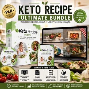 May include: A promotional image for a Keto Recipe Ultimate Bundle. The image includes a box set of videos and a book of text recipes. A laptop screen displays recipe videos. Fresh vegetables are in the foreground.