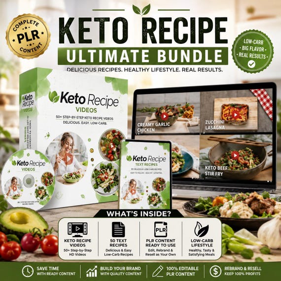 Keto Recipe Videos + 50 Text Recipes: PLR Content Bundle