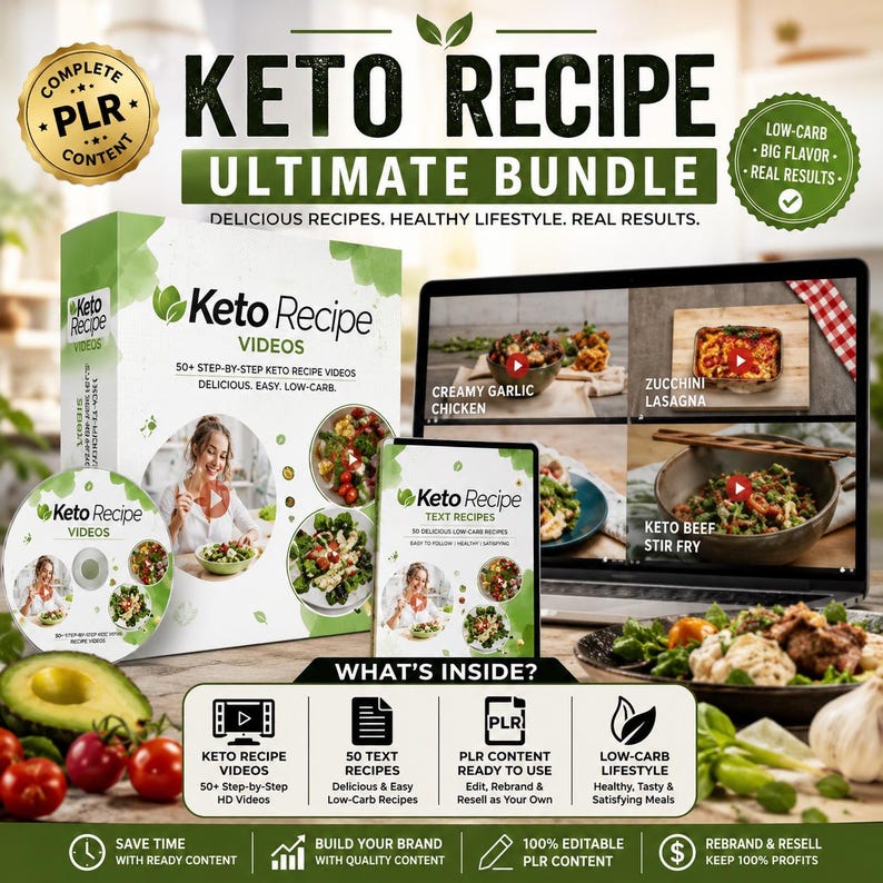 May include: A promotional image for a Keto Recipe Ultimate Bundle. The image includes a box set of videos and a book of text recipes. A laptop screen displays recipe videos. Fresh vegetables are in the foreground.