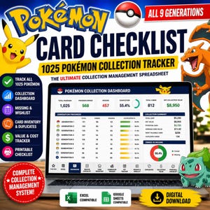 Könnte beinhalten: Eine digitale Pokémon-Kartensammlungs-Tracker-Tabelle auf einem Laptop-Bildschirm. Die Benutzeroberfläche zeigt ein Dashboard mit Generationsfortschritt, Sammlungszusammenfassung und Statistiken. Grafiken von Pikachu, Glurak und Bisasam sind enthalten.