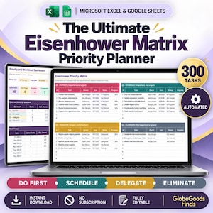 Puede incluir: Un planificador de prioridades Eisenhower Matrix digital para Microsoft Excel y Google Sheets mostrado en una pantalla de portátil. La interfaz presenta un panel de control y una tabla de tareas de cuatro cuadrantes.
