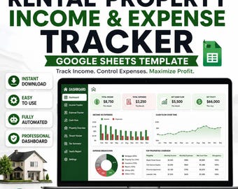 Op de afbeelding: Een Google Sheets-sjabloon voor het bijhouden van inkomsten en uitgaven van huurwoningen, weergegeven op een laptopscherm. Het dashboard bevat grafieken, tabellen en financiële overzichten voor het monitoren van inkomsten en uitgaven.