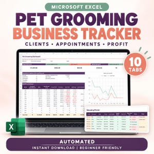 Puede incluir: Una hoja de cálculo de Microsoft Excel para el seguimiento de un negocio de peluquería canina en la pantalla de un portátil. La interfaz muestra un panel con datos de ventas, beneficios y un planificador con 10 pestañas de gestión.