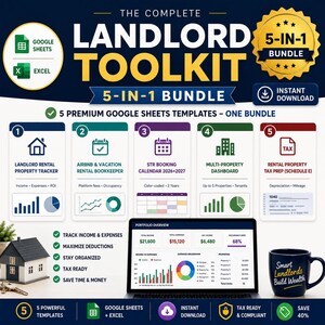 May include: A digital 5-in-1 landlord toolkit bundle featuring five Google Sheets and Excel templates for rental property tracking, bookkeeping, booking calendars, multi-property dashboards, and tax preparation, displayed on a laptop screen.