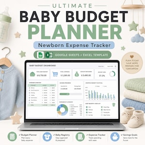 Puede incluir: Una plantilla digital de planificador de presupuesto para bebés y rastreador de gastos de recién nacidos para Google Sheets y Excel en una pantalla de portátil. El panel muestra datos financieros, categorías de gastos y una lista de nacimiento.