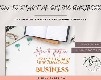 May include: Image promoting online business startup. Text reads "How to Start an Online Business" and "Learn How to Start Your Own Business." Includes a laptop, notebook, glasses, and stationery. The words "Online Business" are in orange.