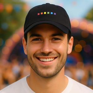May include: Black baseball cap with a curved brim. The cap features a row of six small, colorful squares across the front in red, orange, yellow, green, blue, and purple. The cap is worn by a person smiling at the camera.
