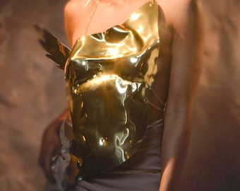 Sculptural Bust Plate gold, Chest Plate , Matal Bust Armor , Front Plate Corset , Statement armor top , Burning man Outfit , Mirror Top