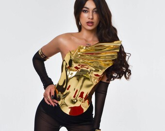Gold Armor Corset, Gold Top Rave Outfit, Bustier Top, Metal corset, Steampunk Futuristic , Corset Belt, Armor burning man, Prom dress