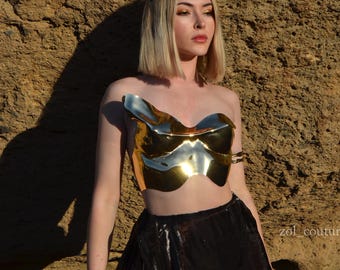 Gold Goddess Armor Crop Top Bustier, Corset for pregnant, Plastic Gold Bra, Luxury Metallic Corset, Women's Armor, Burning Man Outfit