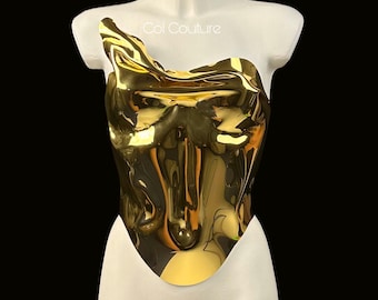 Top tipo corpiño con armadura dorada, top futurista con espejo, armadura personalizada, corsé con lentejuelas, top de metal, top de resina, corpiño metálico