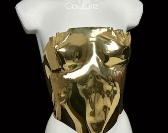 Bustier con armadura dorada, corsé de plástico de diosa, bustier de festival de metal plateado, top de fiesta, corsé metálico de lujo, armadura para mujer