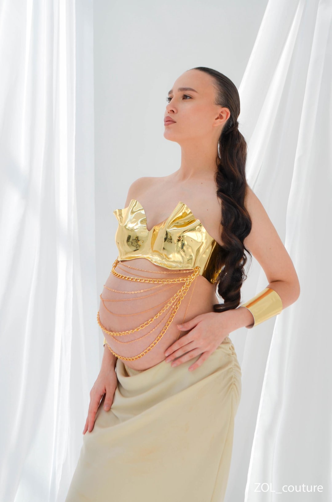 Maternity Golden Corset Top, Pregnancy Photoshoot Outfit, Baby Shower Dress,  Belly Chain Armor Bustier, Goddess Festival Costume, Crop Top - Etsy