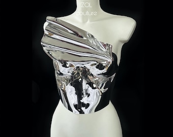 Corsé con armadura de espejo plateado, corsé de plástico de diosa, corsé de festival, top de fiesta, corsé metálico de lujo, armadura para mujer
