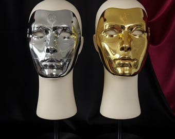 Gold Vollgesichtsmaske, Cyberpunk Cosplay Rüstung, Gothic goldene Halbgesichtsmaske für Maskerade und Partys, rote Veranstaltungsmaske