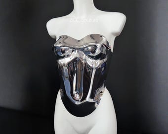 Silver Armor Corset Top, Steel Boned Corset, Resin Top, Silver Corset, Mirror Futuristic Top, Custom Armor, Sequin Corset, Metal Top