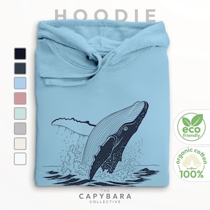 Humpback Whale Hoodie Organic Cotton, Unisex Hooded Sweatshirt, Minimalist Whale Art, Sustainable Ocean Gift, Eco Friendly Pullover