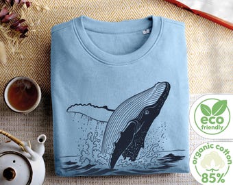 Humpback Whale Sweatshirt, Organic Cotton Sweater, Unisex Marine Biology Gift, Minimalist Whale Pullover, Eco Friendly Ocean Crewneck