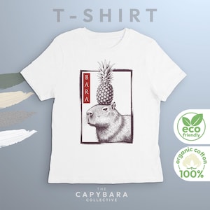 Öko Damen T-Shirt mit Capybara Ananas Kunst Druck | 100% nachhaltige Bio Baumwolle | Taillierter Schnitt | Geschenk für Tierfreunde