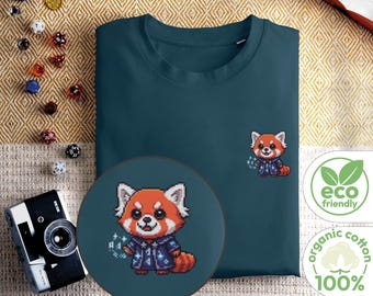 Koszulka z nadrukiem Red Panda Wizard, koszulka z nadrukiem Pixel Art wykonana z organicznej bawełny, prezent D&D dla graczy, odzież fantasy RPG dla magika