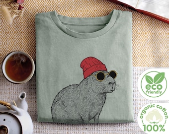 Zrównoważona damska koszulka z Kapibarą wykonana w 100% z organicznej bawełny | Uroczy wzór ze zwierzętami | Zrównoważony weganizm | Prezent dla miłośników zwierząt