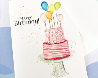 Birthday Card, Watercolor Card, Cake Card