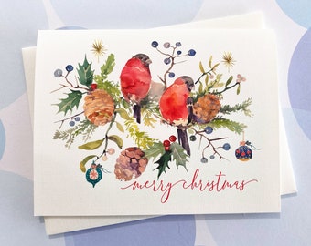 Christmas Card, Holiday Card, Wreath Card, Bullfinch