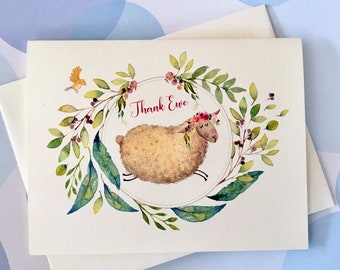 Thank You Card, Greeting Card, Thank Ewe, Card Set, Handmade Card