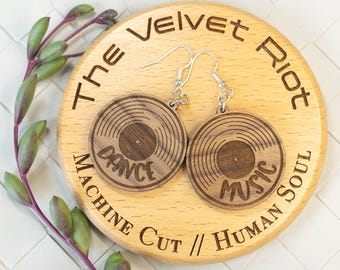 Dance Music Vinyl Earrings – Walnut Wood Dangle Earrings, Laser Cut Record Jewelry, Lightweight Gift for Music Lover, Festival Style