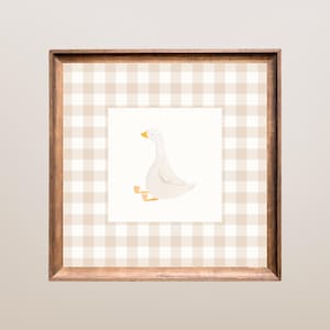 Neutral Duck Nursery Wall Art Printable, Baby Farm Animal Decor, Beige Gingham Duck Print, Baby Room Digital Download Artwork, Girl Room