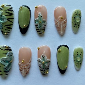 Green tiger nails | hand made designs with nail charms| shape medium almond | made for everyone!