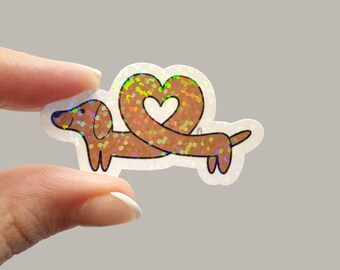 Heart Weenie Dog Sticker | Holographic Glitter Vinyl Decal | Cute Dachshund Humor