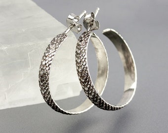 Draco | Dragon scale hoop earrings sterling silver | Dragonskin silver hoop earrings | Small snakeskin hoop earrings sterling silver