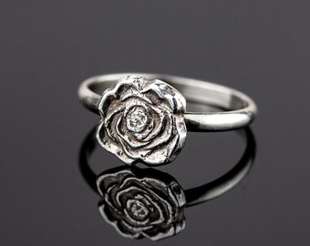 Rose | Sterling silver rose flower stackable ring | Dainty silver flower on a thin silver band | Made to your size