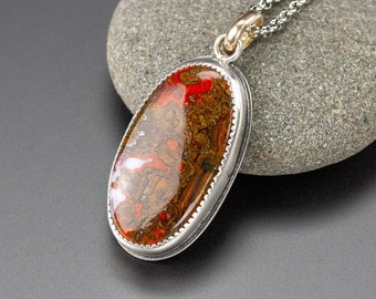 Moroccan Seam Agate pendant with cutout vine on back | Modern silver art jewelry with gold and red agate | Stainless steel chain included