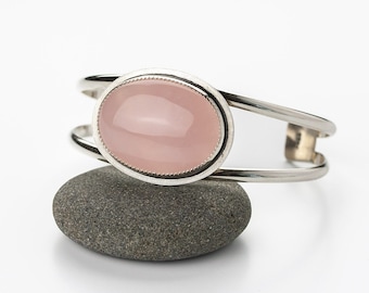 Orb | Smooth rose quartz sterling silver double band cuff | Wide silver rose quartz cuff bracelet | 6 inches